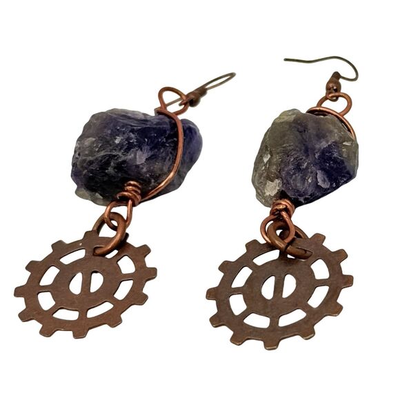 Amethyst Copper Wrapped Dangle Earrings Gear Charm 3" Artesian Steampunk - Picture 5 of 11